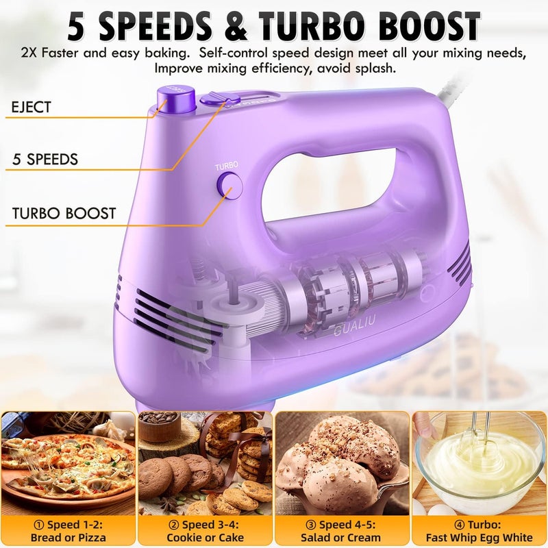 GUALIU Electric Hand Mixer with Stainless Steel Whisk, Dough Hook Attachment and Storage Bag, Handheld Mixer for Baking Cakes, Eggs, Cream Food Mixers. Turbo Boost /5 Speed Kitchen Blender PURPLE - Image 4